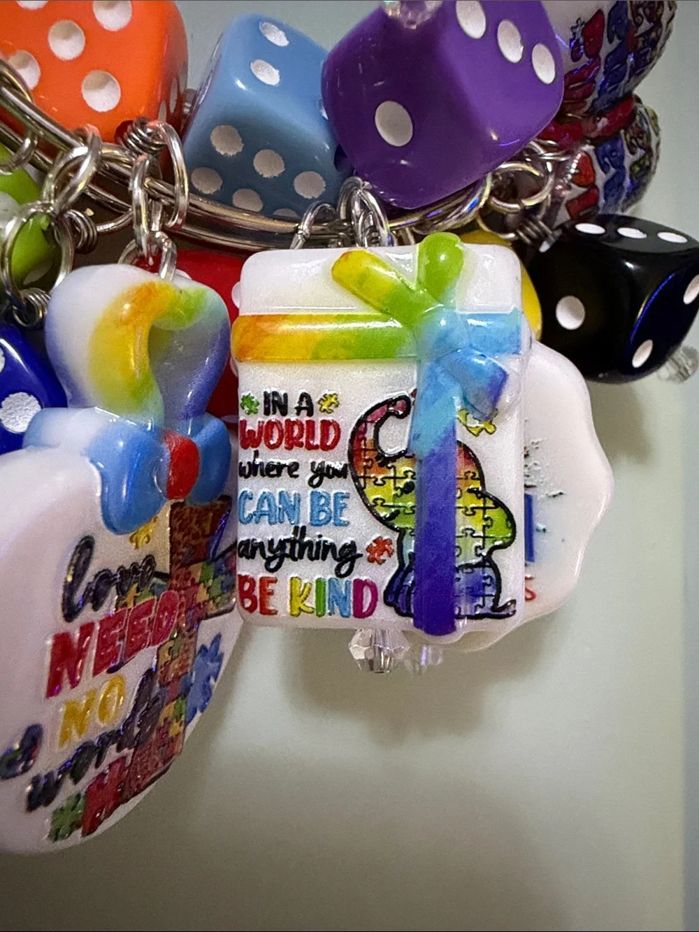 Multicolor Autism Kids Dice Charm Bracelet - Rainbow Dice & Charms